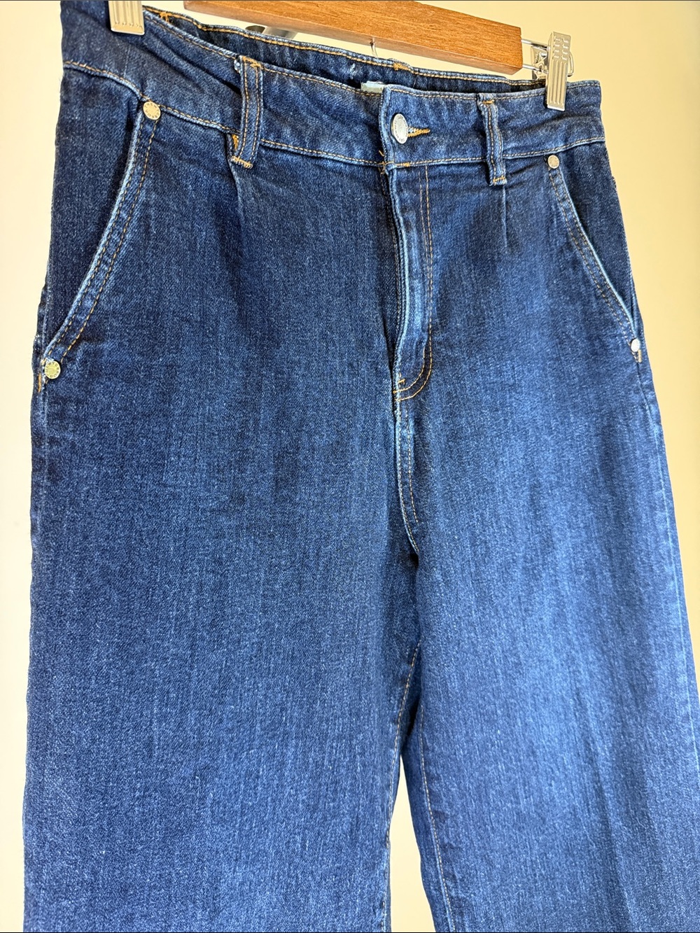 Oat New York High Waist Raw Hem Wide-Leg Dark Blue Jeans | Size 8/29 - Picture 5 of 10